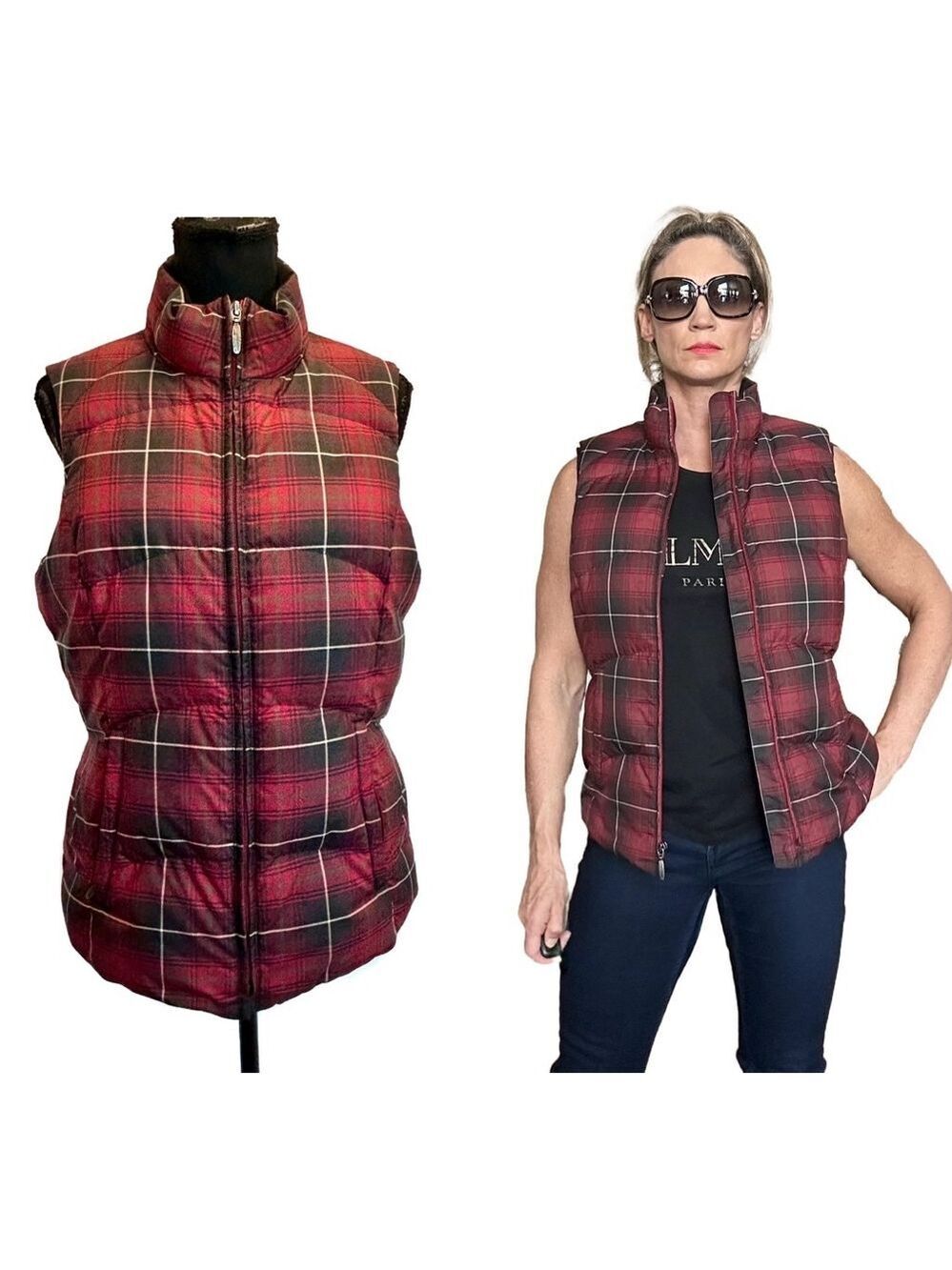 EDDIE BAUER Red Plaid Check Tartan quilted goose Down Puffer Vest Jacket EUC